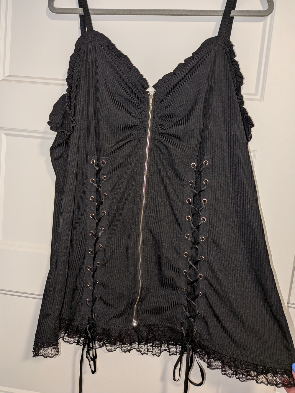 Whimsy Goth / Punk Black Lace-Trim Zip Front Slip Dress with Corset Lacing